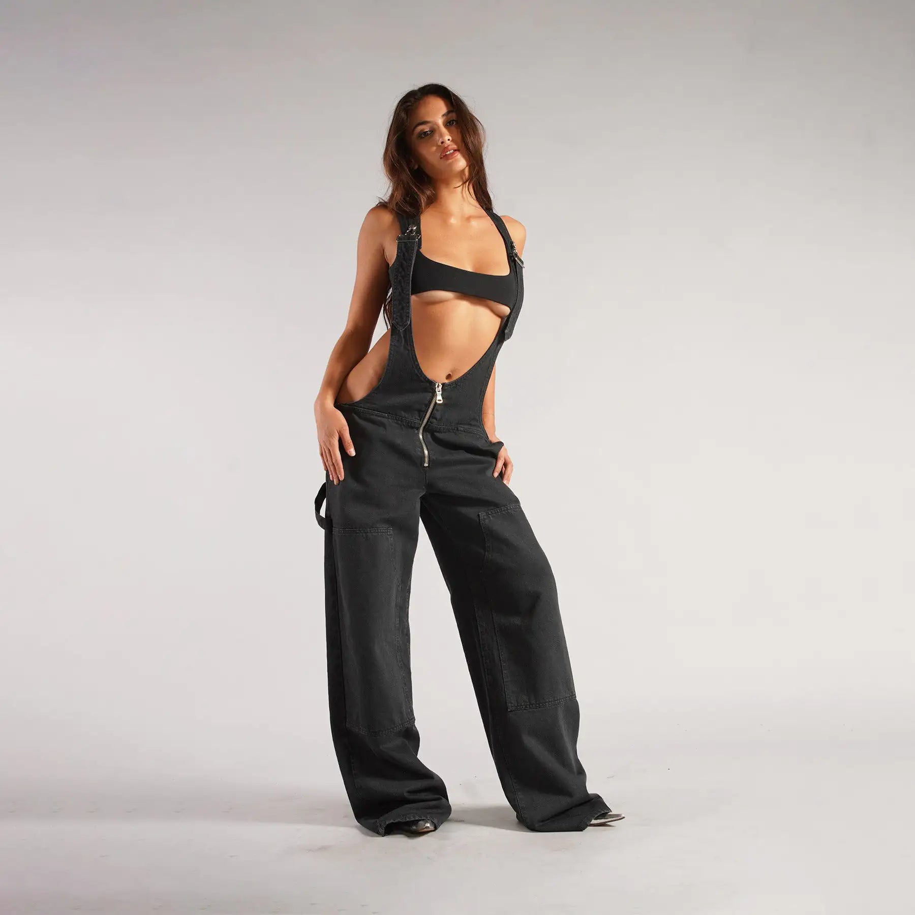 Denim Overall Jumpsuits with Zipper Pockets