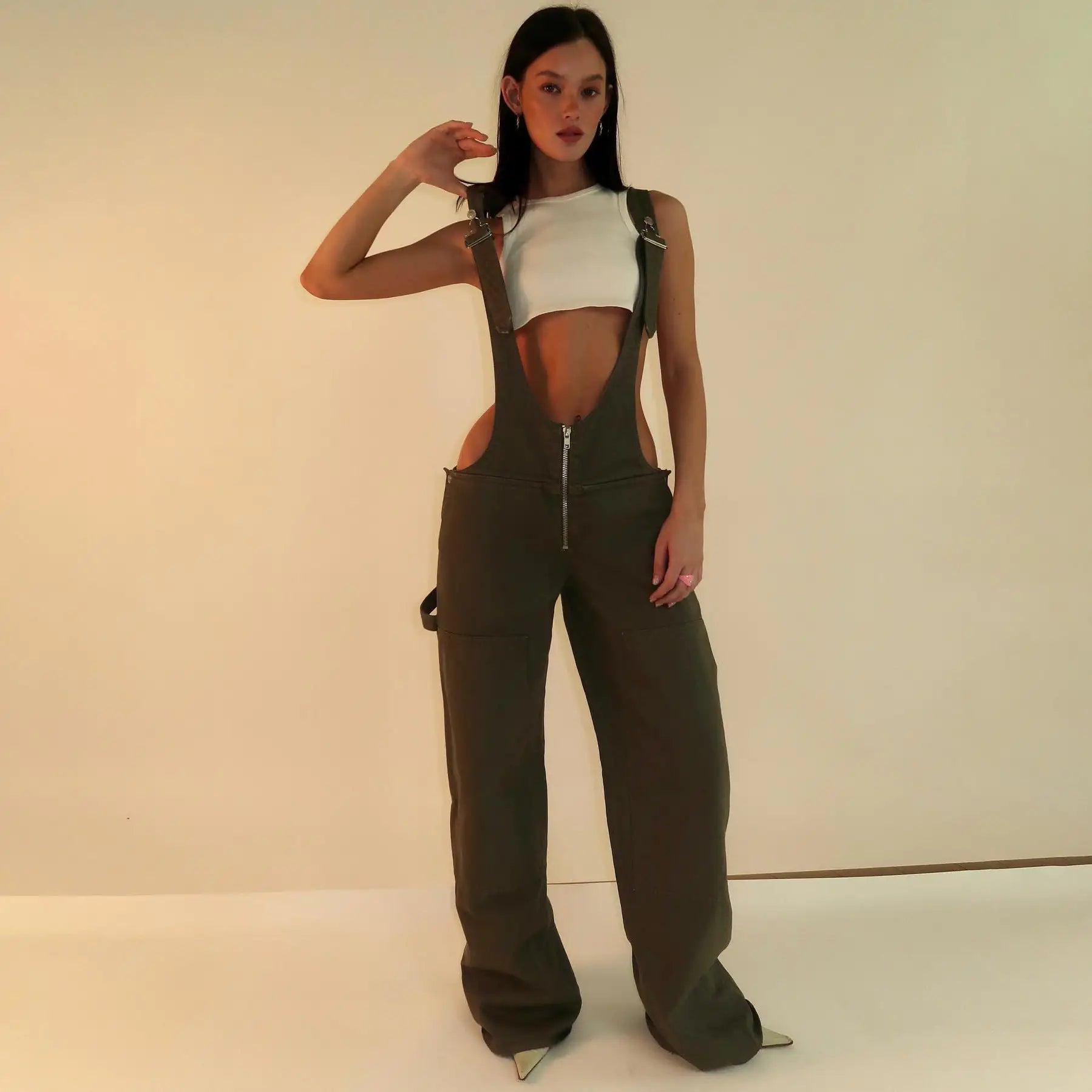 Denim Overall Jumpsuits with Zipper Pockets