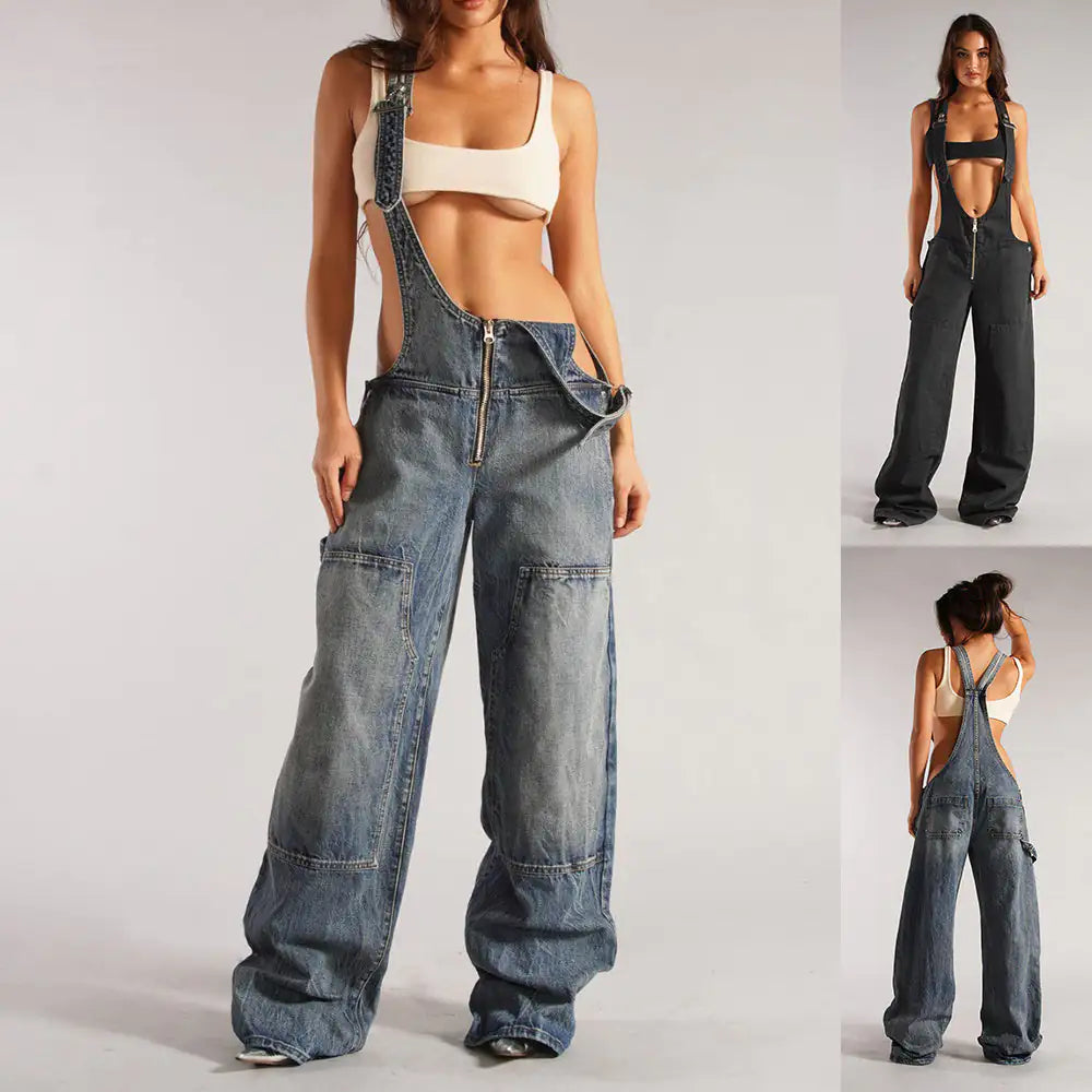 Denim Overall Jumpsuits with Zipper Pockets