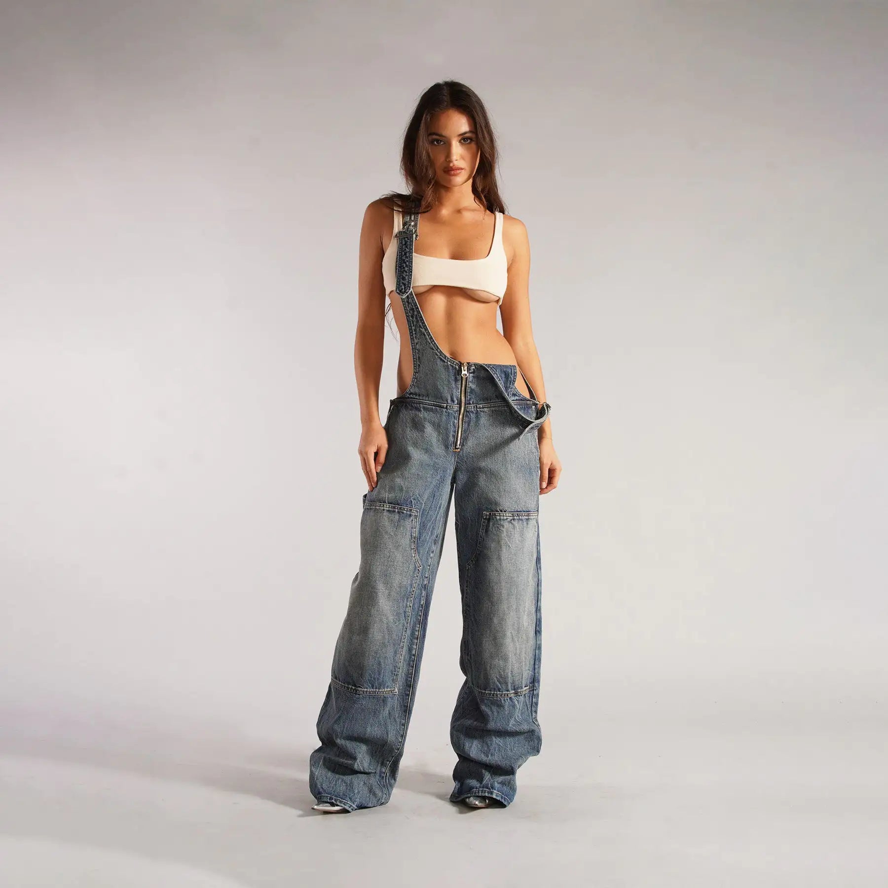 Denim Overall Jumpsuits with Zipper Pockets