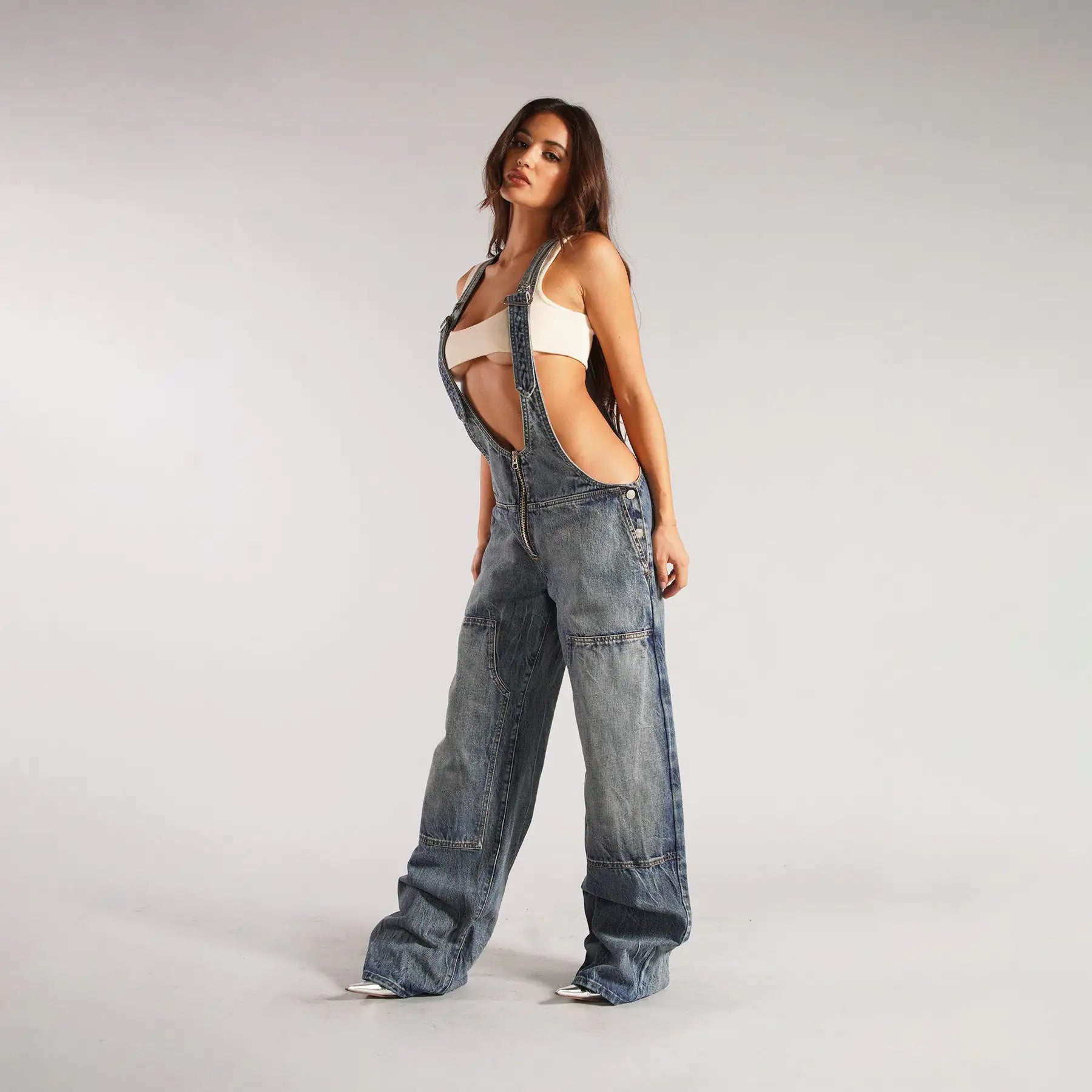Denim Overall Jumpsuits with Zipper Pockets