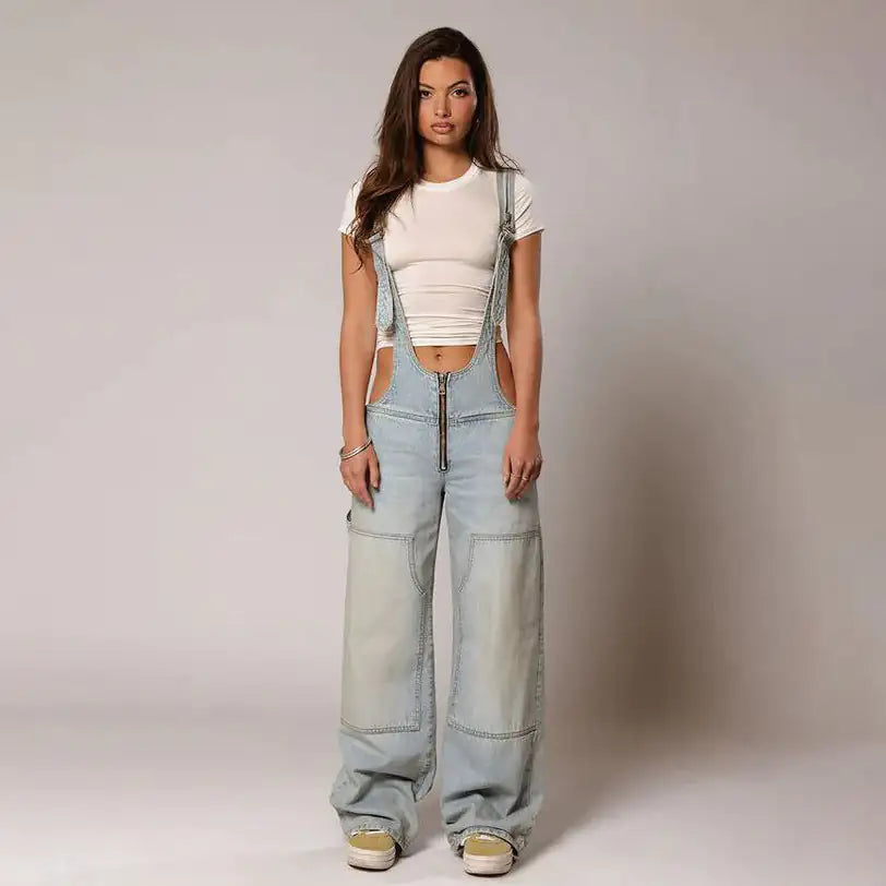 Denim Overall Jumpsuits with Zipper Pockets