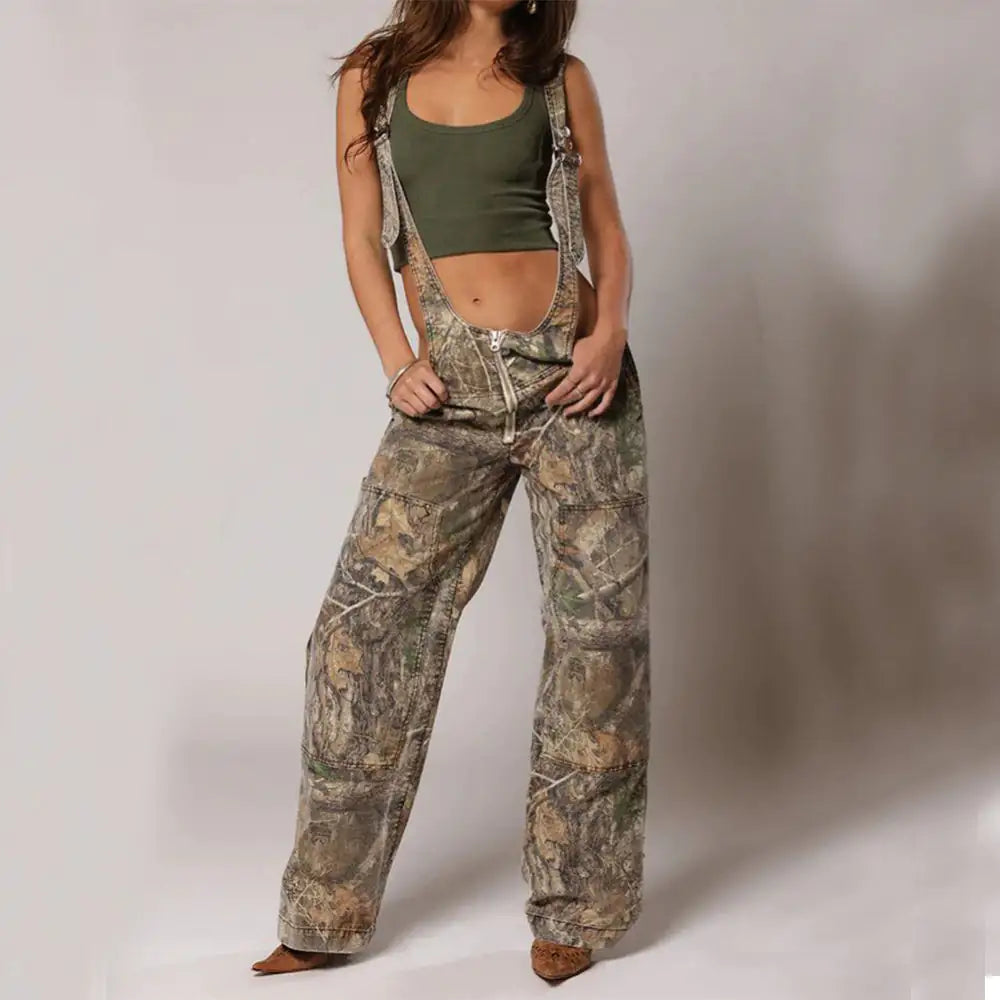 Denim Overall Jumpsuits with Zipper Pockets