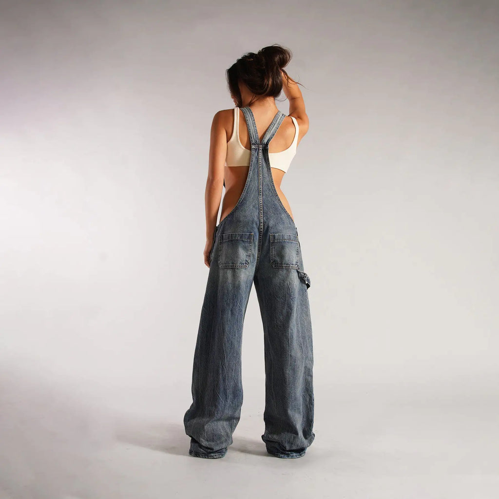 Denim Overall Jumpsuits with Zipper Pockets