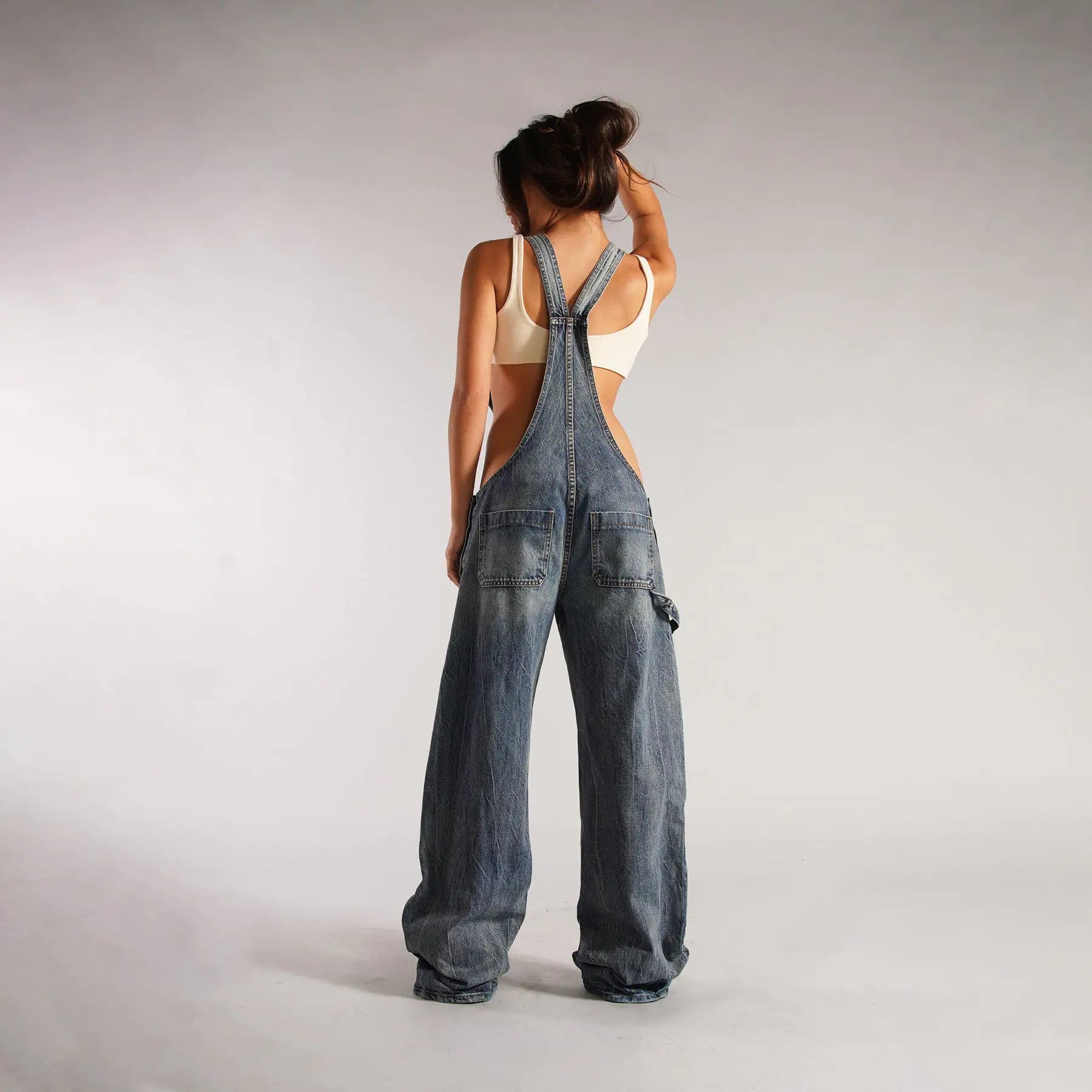 Denim Overall Jumpsuits with Zipper Pockets
