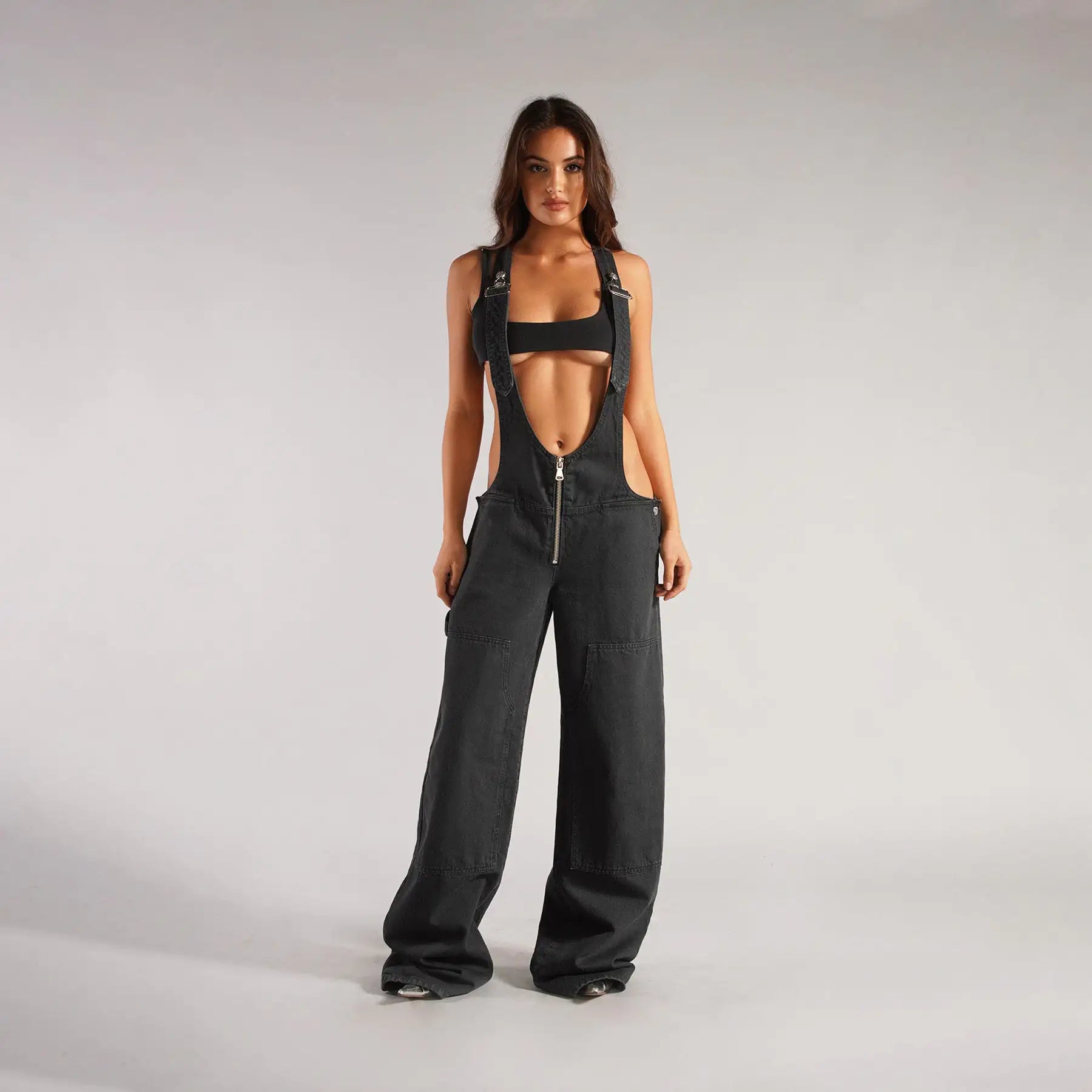 Denim Overall Jumpsuits with Zipper Pockets